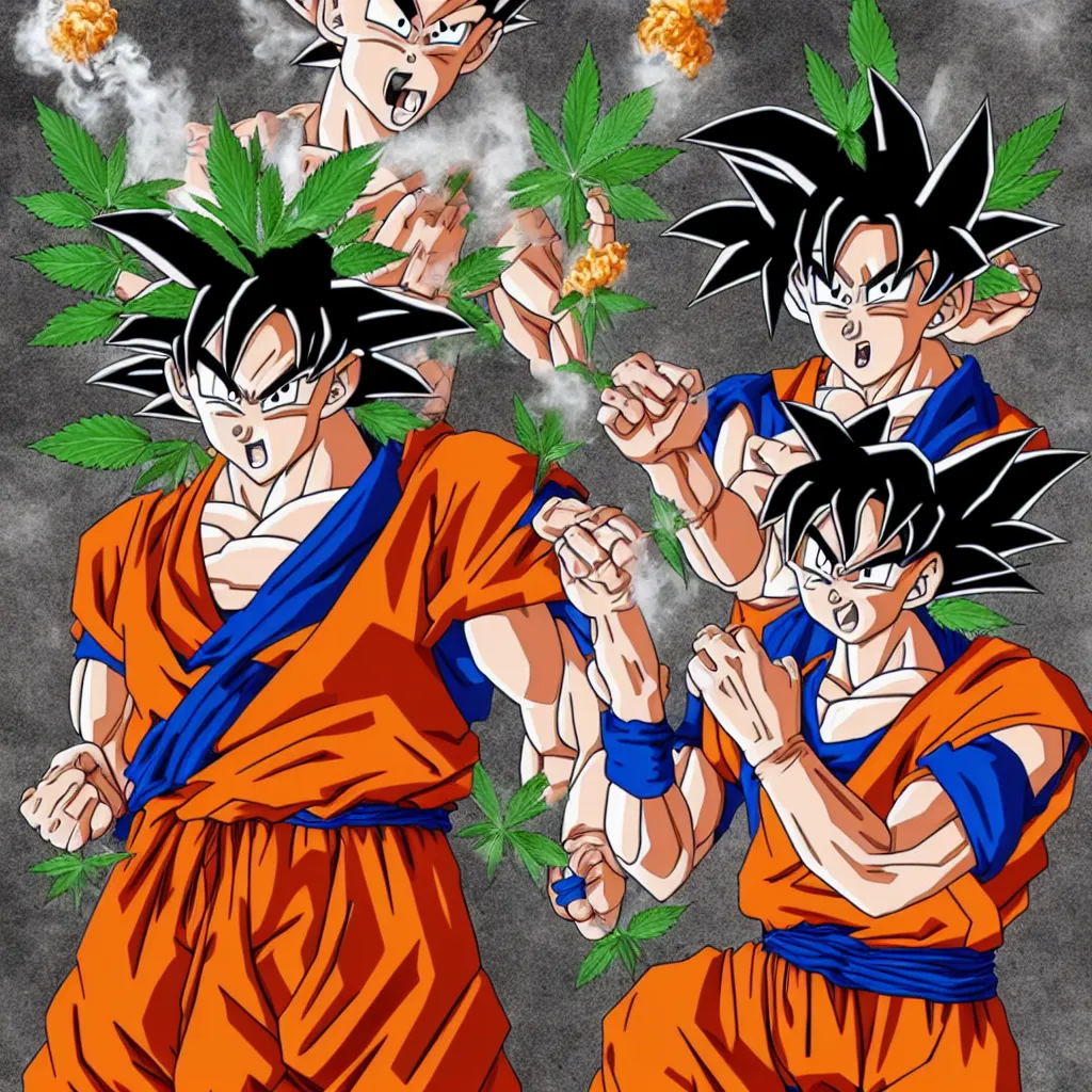 Prompt: Goku from Dragon Ball Z smoking weed, marijuana, realistic, had, highly detailed