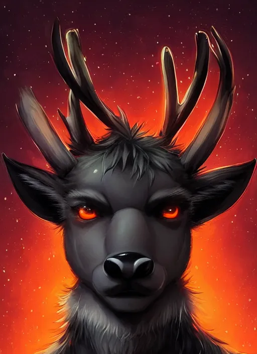 Image similar to award winning beautiful portrait commission of a male furry anthro Black Reindeer fursona with a tail, wings and a cute beautiful attractive detailed furry face wearing stylish black and orange cyberpunk clothes in a cyberpunk city at night while it rains. Character design by charlie bowater, ross tran, artgerm, and makoto shinkai, detailed, inked, western comic book art