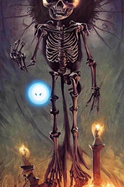 Image similar to a skeleton with a glowing orb in his hands, poster art by Chris Rallis, behance contest winner, gothic art, tarot card, wiccan, macabre