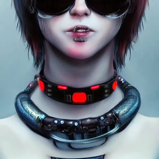 Image similar to detailed realistic female character cyberpunk wearing thick technological collar around neck, realistic, art, beautiful, 4K, collar, choker, collar around neck, punk, artstation, detailed, female, woman, choker, cyberpunk, neon, punk, collar, choker, collar around neck, thick collar, tight around neck, punk,