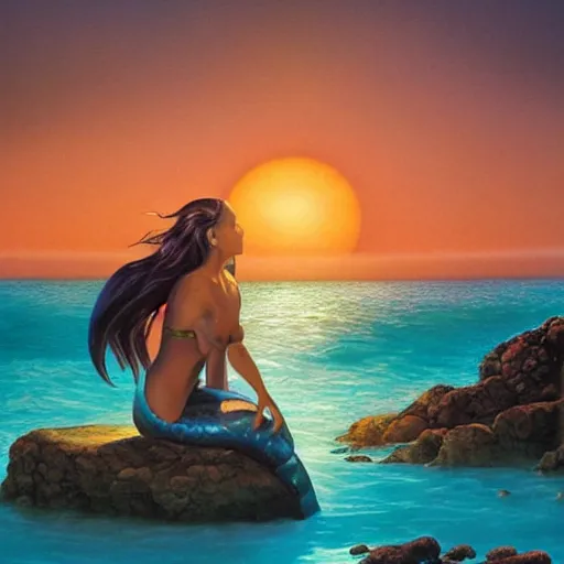 Image similar to a beautiful photo of a mermaid sits on a rock and stares at the island, sunset lighting, hyper realistic, 1 0 5 mm, style by boris vallejo, amazing