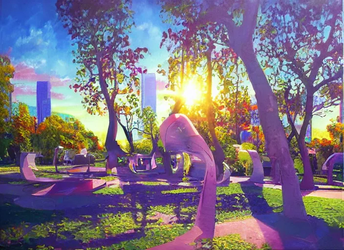 Image similar to bright beautiful oil painting of a futuristic city park by Alexander Labas