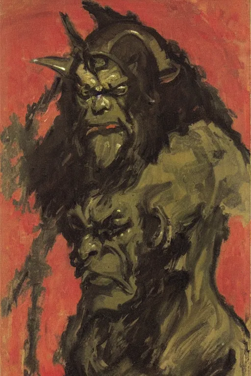 Prompt: portrait of a grumpy orc barbarian by walter sickert, john singer sargent, and william open