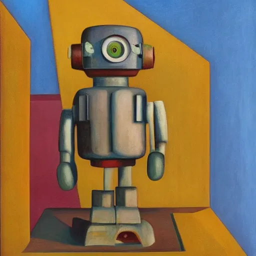 Image similar to brutalist robot with kind eyes portrait, lowbrow, pj crook, grant wood, edward hopper, oil on canvas