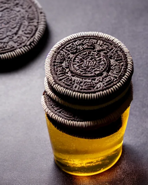 Image similar to dlsr food photograph of an oreo being dipped in beer, bokeh, studio lighting, 5 0 mm f 1. 4