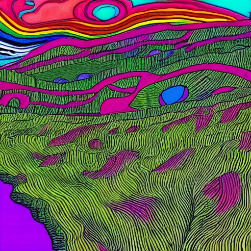 Prompt: colorful landscape in the style of junji ito