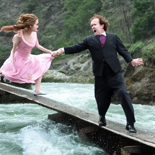 Prompt: a photograph of john c reilly throwing emma watson off of a bridge into a river