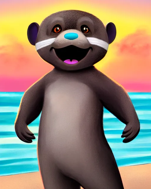 Prompt: a cute anthropomorphic grey otter fursona furry on the beach wearing a wetsuit holding a surfboard, turquoise hair orange nose, smiling, sunset, volumetric light, detailed, photorealistic, 4 k, hdr, artstation, deviantart, digital illustriation