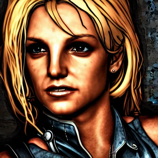 Image similar to britney spears portrait, borderlands, tales from the borderlands, the wolf among us, comic, cinematic lighting, studio quality, 8 k