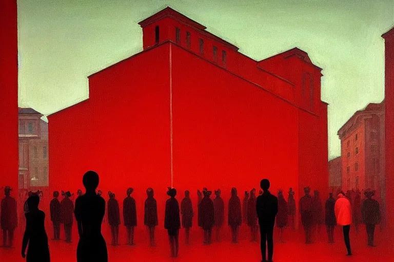 Image similar to only with red, crowd delirious at the sight of a painting, in a city square, in the style of beksinski, parts by edward hopper, parts by rodcenko, parts by yue minjun, intricate and epic composition, red by caravaggio, insanely quality, highly detailed, masterpiece, red light, artstation, 4 k