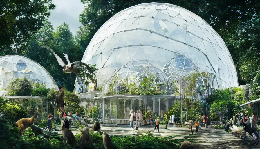 Prompt: ecological zoo in london with white glass domes, gardens and crowded place, hyperdetailed, artstation, cgsociety, 8 k