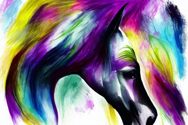 Image similar to bautiful serene horse, healing through motion, minimalistic purpble ink aribrush painting on white background
