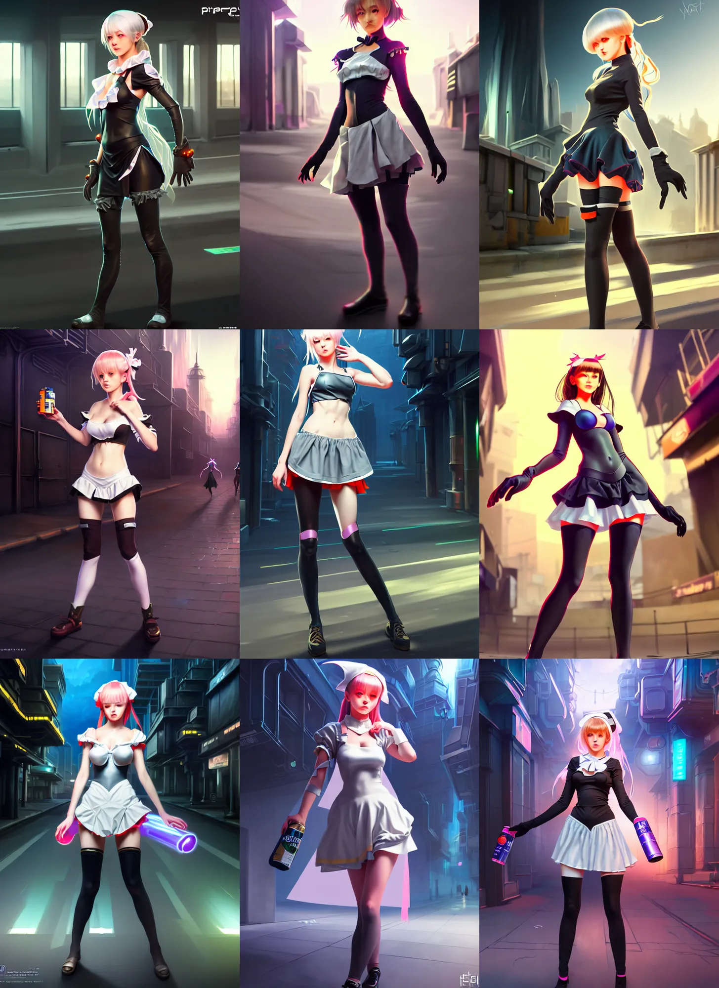 Prompt: costume design from energy drink designers, sophisticated composition, old masters light composition, procedurally generated, epic maid girl character posing for concept art, futuristic city streets behind her, substance designer, PBR, HD, Ultra detailed, hyperrealistic, megascans, volumetric light, concept by master artist, made in paint tool SAI2, trending pixiv face