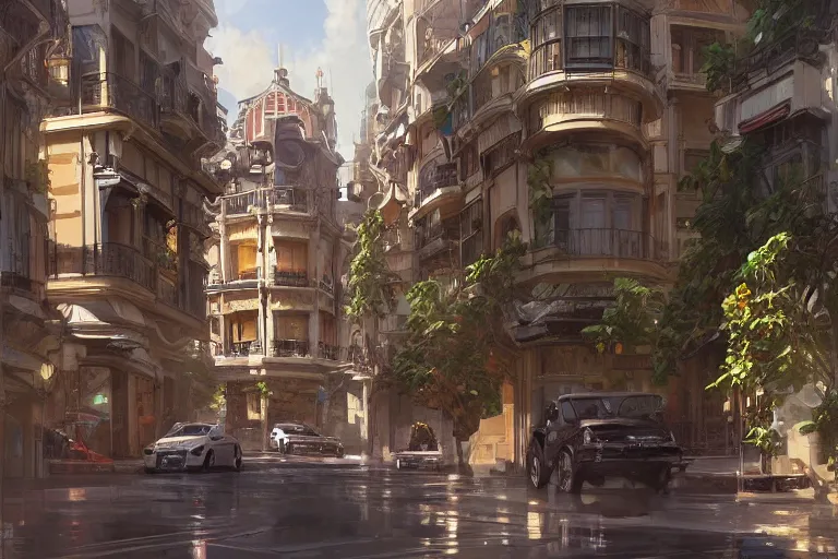 Image similar to monaco street view, highly detailed, digital painting, artstation, concept art, sharp focus, illustration, art by artgerm and greg rutkowski and alphonse mucha