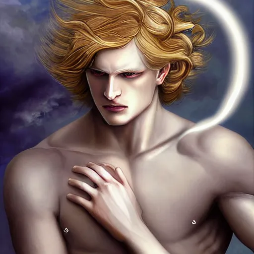 Image similar to digital art of a pale menacing male Cyborg Angel of Battle with fluffy blond curls of hair and piercing eyes, ascending to godhood blessed by the sun, bathed in scintillating radiance, johan liebert mixed with Dante, central composition, he commands the fiery power of resonance and wrath, very very long blond curly hair, baroque curls, by WLOP, Artstation, CGsociety