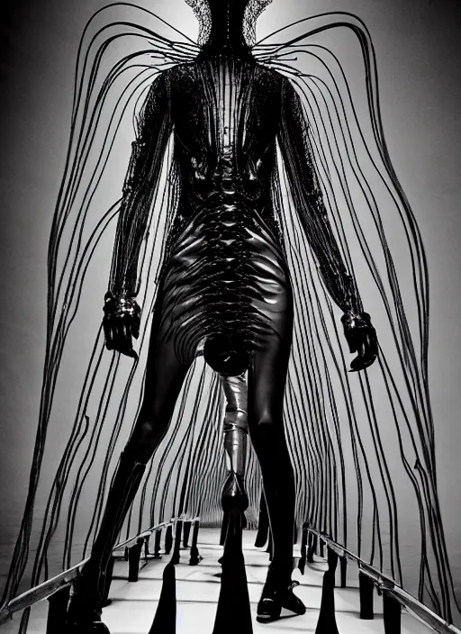 Prompt: walking down the catwalk, steven klein, mert alas and marcus piggott, show, stage, vogue photo, podium, fashion show photo, iris van herpen, beautiful woman, full body shot, alien, masterpiece, inflateble shapes, plant predator, guyver, jellyfish, wires, veins, biomechanical details