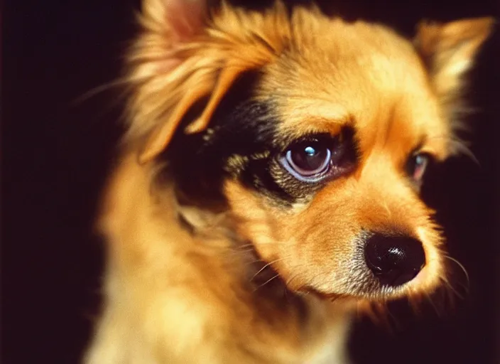 Prompt: a extreme close - up photo, color studio photographic portrait of a little dog, dramatic backlighting, 1 9 9 3 photo from life magazine,