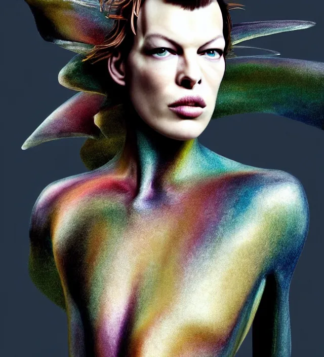 Image similar to photography facial portrait of milla jovovich,, wearing organic futurist clothed designed by iris van herpen, with a subtle colorfull - makeup. sky forest background, natural pose, highly detailed, skin grain detail, photography by paolo roversi, nick knight, helmut newton, avedon, araki