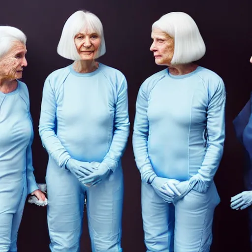 Image similar to troop of very old women with white bob hairdos, tight light blue neopren suits, futuristic cloning facility, sci - fi, highly detailed, cinematic