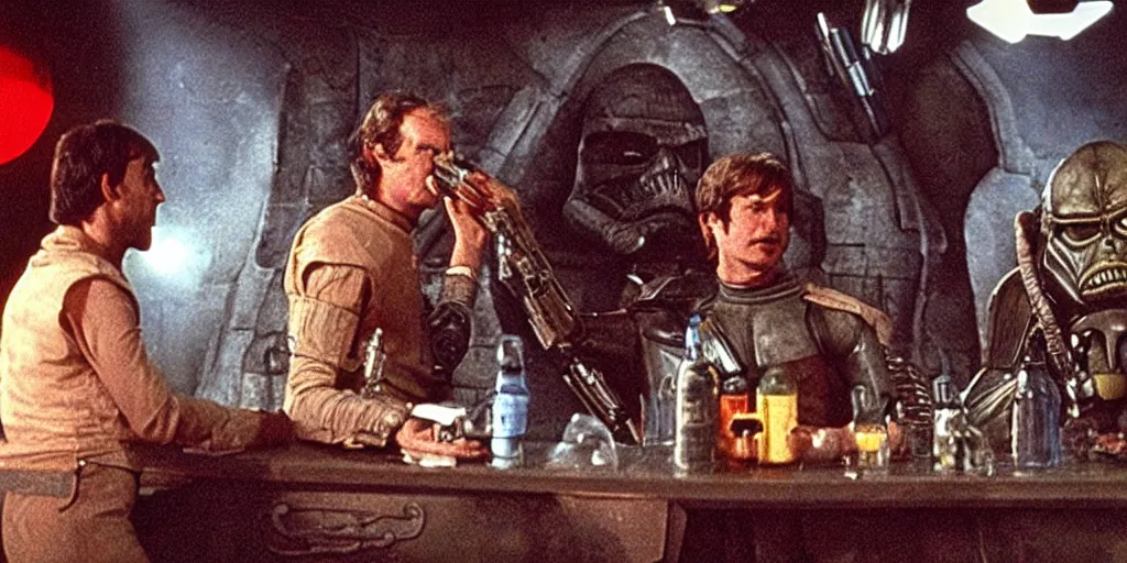 Image similar to still of two aliens having a drink in Mos Eisley Cantina in Star Wars (1977).