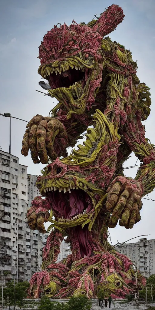 Image similar to colossal grotesque prehistoric alien predator flower made from best unfulfilled mankind projects in the middle of abandoned post soviet constructivist cityscape, Stalinist architecture, ultradetailed, Intricate by Hayao Miyazaki and Josan Gonzalez and Makoto Shinkai and Giuseppe Arcimboldo and Wes Anderson