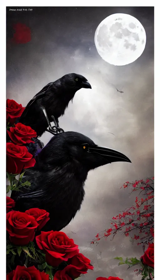 Image similar to portrait, A crow with red eyes in front of the full big moon, book cover, red roses, red white black colors, establishing shot, extremly high detail, foto realistic, cinematic lighting, by Yoshitaka Amano, Ruan Jia, Kentaro Miura, Artgerm, post processed, concept art, artstation, raphael lacoste, alex ross, portrait, A crow with red eyes in front of the full big moon, book cover, red roses, red white black colors, establishing shot, extremly high detail, foto realistic, cinematic lighting, by Yoshitaka Amano, Ruan Jia, Kentaro Miura, Artgerm, post processed, concept art, artstation, raphael lacoste, alex ross