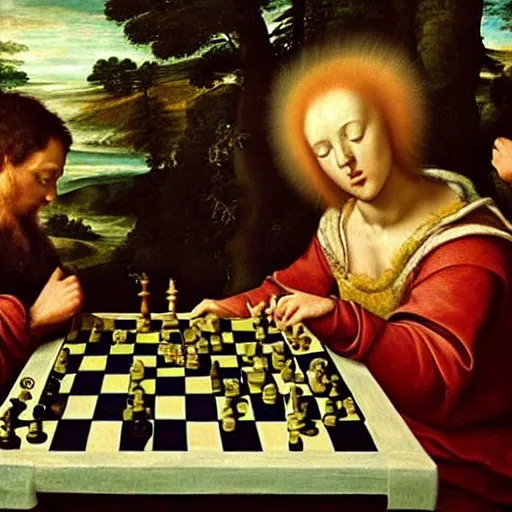 Image similar to a renaissance painting of two aliens playing chess