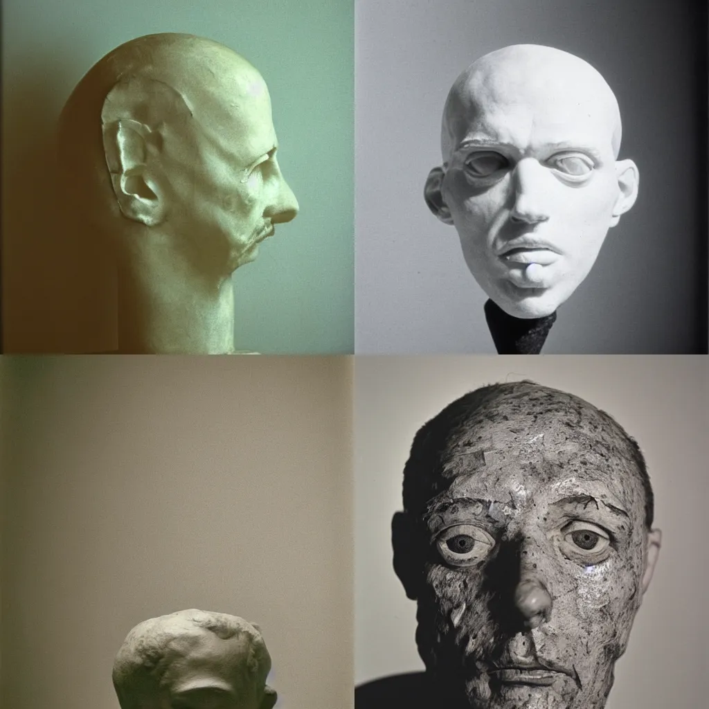 Prompt: studio photograph of a mixed media surrealist sculpture of a human head by cesar baldaccini, francis bacon and cy twombly, 3 5 mm, leica