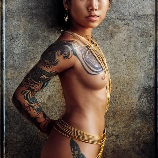 Image similar to A perfect pacific islander female goddess stands for a waist up portrait with her body sightly wrapped in thin gold wire creatively arranged so as to look like Borneo tattoos, in an abandoned barn, hyper photo realistic 8K HD HDRI, photo by Annie Leibovitz.