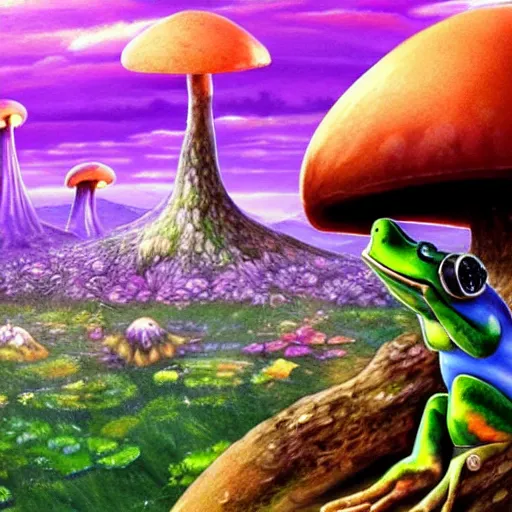 Image similar to A close up portrait of a dignified psychedelic godlike anthropomorphic frog smoking an anime blunt , magic mushroom village in background . award winning. superb resolution. in the art style of junji Ito and greg rutkowski . Detailed Mushroom city in background. Hyper realistic anime. Perfect art. Dalle2