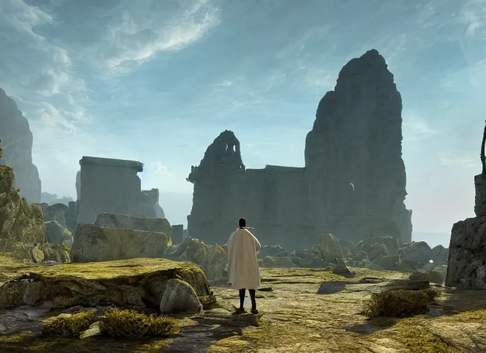 Image similar to a land of ruins of lost civilization with a distant fort in the middle, pure gold pillars, water tunnels below and a magical time gate to another dimension, a man wearing a white robe standing watching over, dramatic lighting, dawn, by caspar david friedrich, unreal engine 5