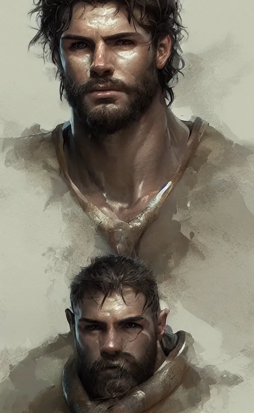 Prompt: Portrait of a rugged ranger sitting down, male, muscular, straight nose!!!, detailed face, handsome face, bare thighs!!!, simple clothing!!!!!, fantasy, medieval, highly detailed, cinematic lighting, digital art painting by greg rutkowski