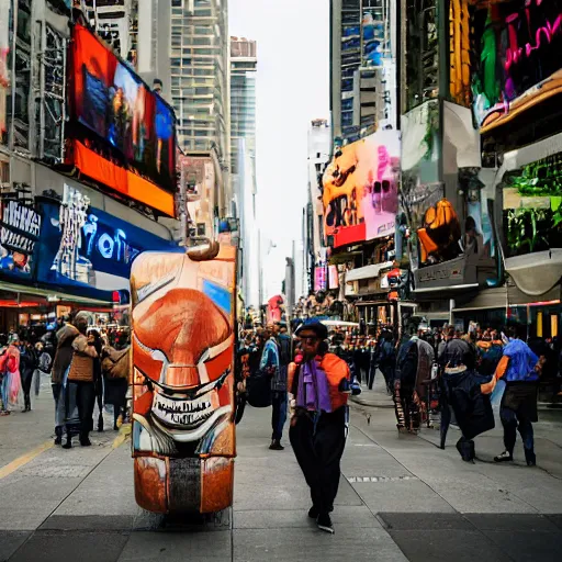 Image similar to a photo of an orange elephant on a skateboard, in times square at sunset