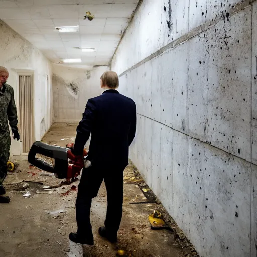 Image similar to putin with a chainsaw and a corpse. in a concrete bunker. focus on putins face with blood splatters. canon eos r 3, f / 1. 4, iso 1 6 0 0, 1 / 8 0 s, 8 k, raw, grainy