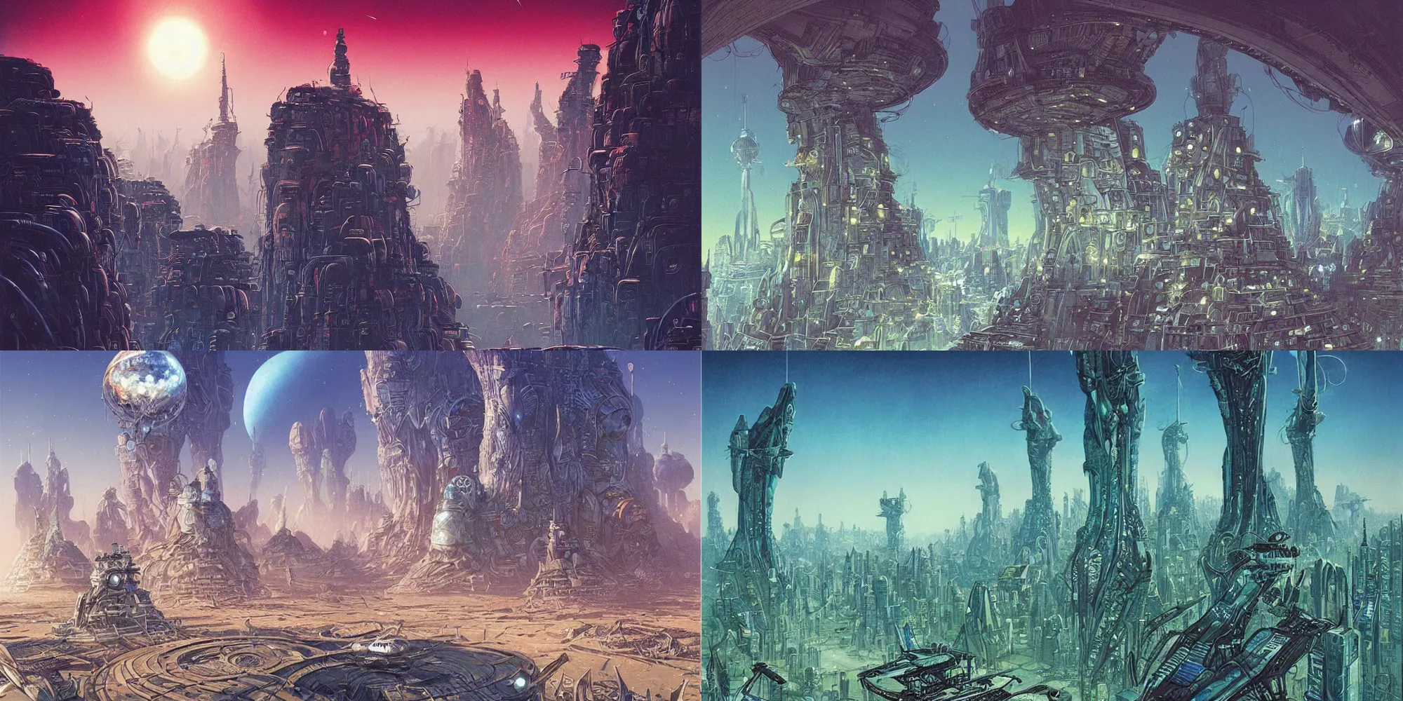 Prompt: a beautiful illustration of an alien city on an strange alien world by sparth and Tim white| Daniel Merriam:.2 | Graphic Novel, Visual Novel, Colored Pencil, Comic Book:.2