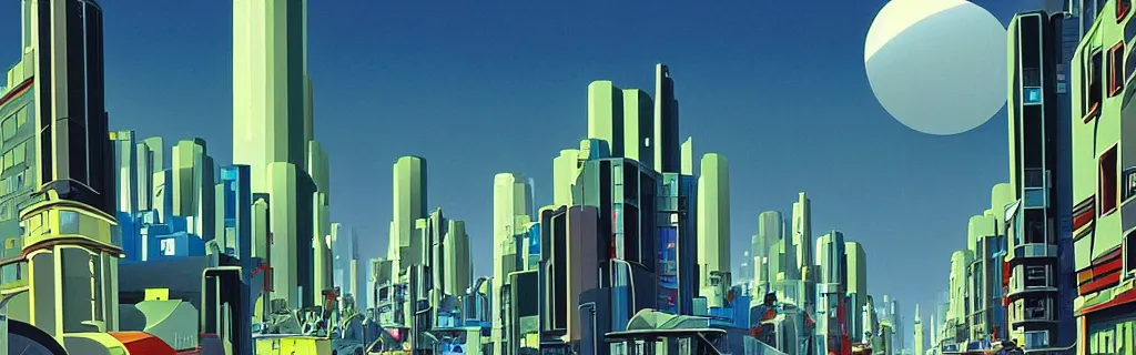 Image similar to sci - fi city street with faceted angular buildings, modernism, gouache, animated film, stylised, illustration, by eyvind earle, scott wills, genndy tartakovski, syd mead