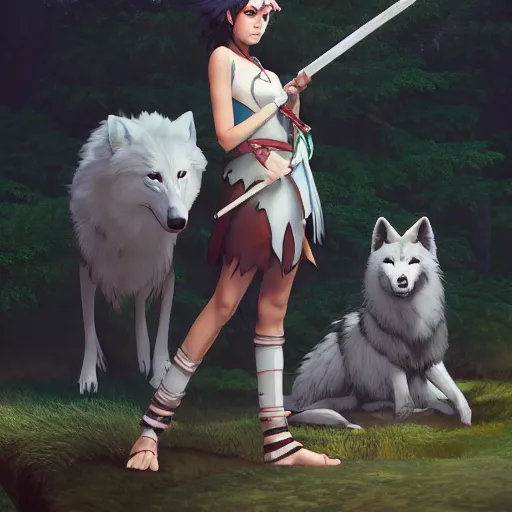 Image similar to Princess Mononoke holding a spear, standing next to Moro the white wolf, portrait by loish and WLOP, octane render, dark fantasy, trending on ArtStation