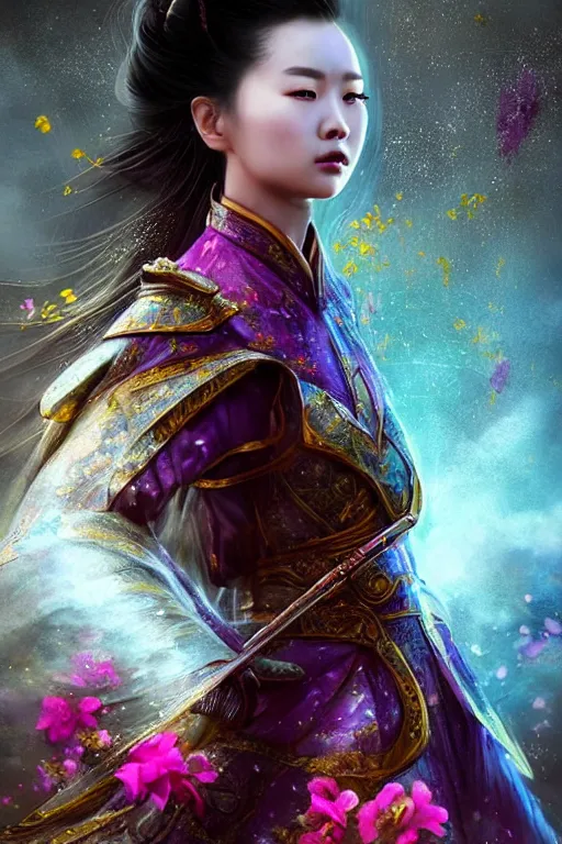 Prompt: beautiful cinematic fantasy portrait of wuxia heroine, in forbidden City Rainning, flowers sea everywhere, beautiful glowing galaxy eyes, hybrid from Dynasty Warriror and art direction by tian zi and WLOP and Darius Zawadzki cinematic quality character render; low angle; fantasy, intricate, very very beautiful, elegant, highly detailed, digital painting, production quality cinema model;