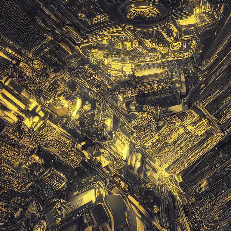 Prompt: the art of the inside of a computer by mia brownell, procedural psychedelic computer chips architecture, very detailed, maximalism, ambient occlusion, volumetric light, atmospheric haze, hyper realism, black and gold shading, cinematic composition, realistic render, photorealistic, wide shot