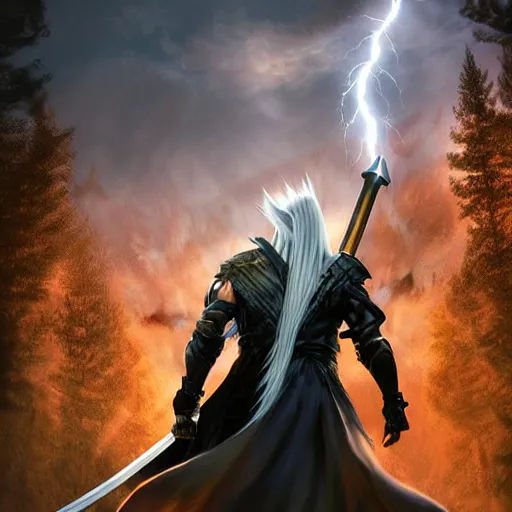 Prompt: sephiroth with lightning sword realistic, ultra detailed, menacing, powerful, dark, golden hour, forest, mountains in the background concept art Ross Tran