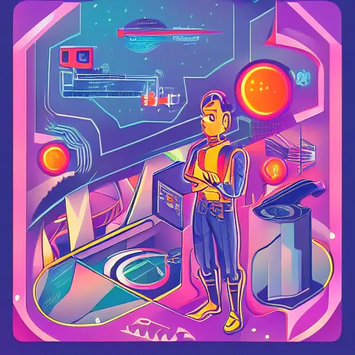 Image similar to mega futuristic high detailed interface and man from watching, 2 d illustration, old disney style