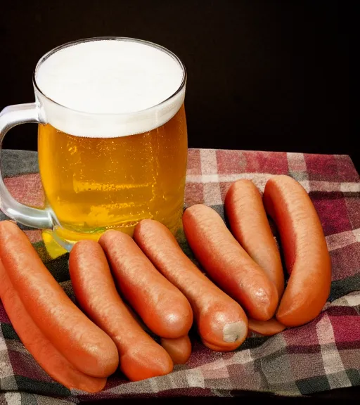 Image similar to Photo of a beer mug with uncooked hot-dogs in it. Studio lighting, extremely detailed.