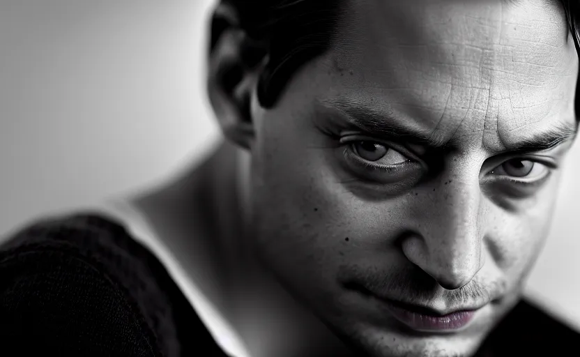 Image similar to photographic portrait by Annie Leibovitz of Tobey Maguire, closeup, foggy, sepia, moody, dream-like, sigma 85mm f/1.4, 15mm, 35mm, 4k, high resolution, 4k, 8k, hd, full color