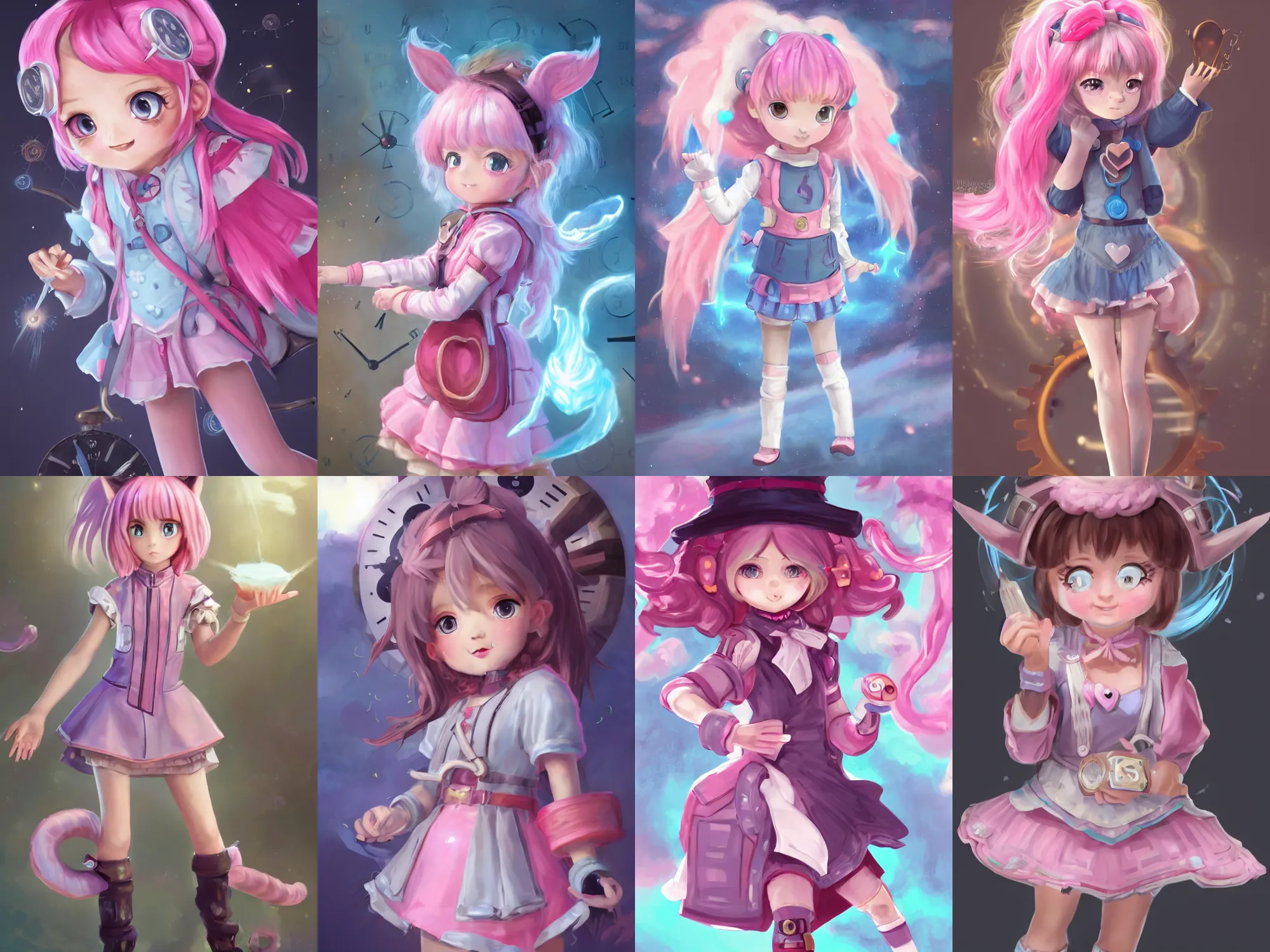 Image similar to Time traveler, small loli girl, with pointy ears, detailed face, pink and light-blue eyes, cotton candy-like hair with low heart-shaped drills, wearing a time traveler outfit clock style semi steampunk matching design, in a fighting stance, digital painting, artstation, concept art, soft light, hdri, smooth, sharp focus, illustration, art by tian zi and craig mullins and WLOP and alphonse mucha, Mihoyo Art style, visual novel sprite
