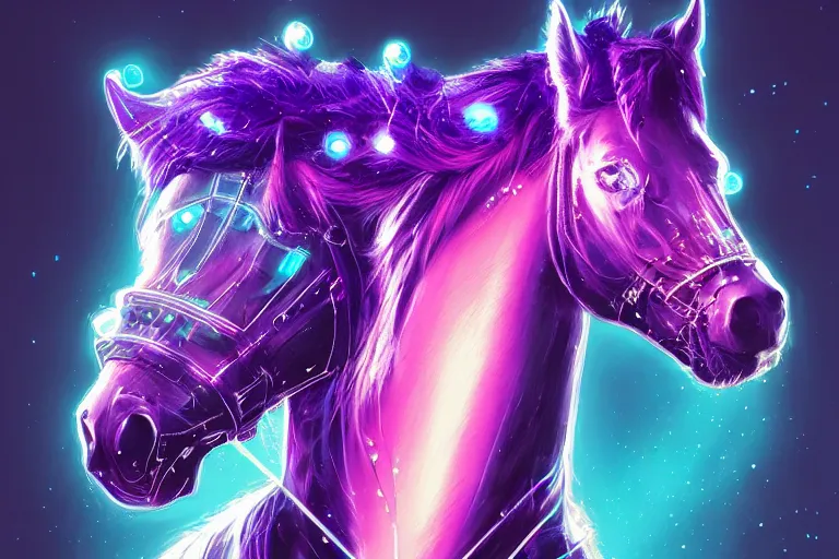Prompt: a beautiful full body portrait of a cute cyberpunk horse with bioluminescent mane by sandra chevrier and greg rutkowski and wlop, purple blue color scheme, vaporware, retro, outrun, high key lighting, volumetric light, digital art, highly detailed, fine detail, intricate, ornate, complex, octane render, unreal engine, photorealistic