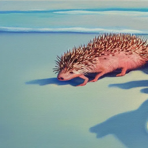 Prompt: an axolotl next to a hedgehog on a beach, oil painting, sunset lighting, 4 k