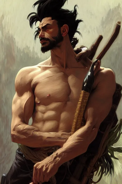 Image similar to painted portrait of gon freecs, hunter hunter, hunterpedia, madonna, black hair, masculine, mature, handsome, upper body, muscular, fantasy, intricate, elegant, highly detailed, digital painting, artstation, concept art, smooth, sharp focus, illustration, art by gaston bussiere and alphonse mucha