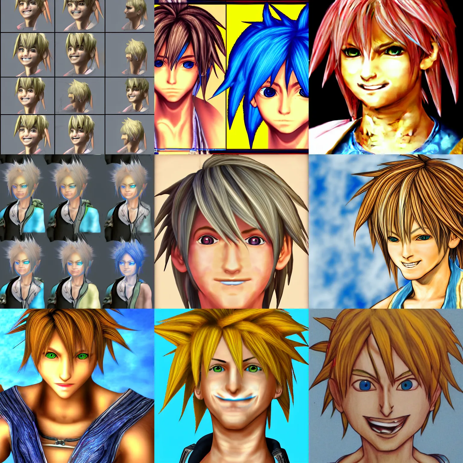 Prompt: distorted smiling tidus from ffx big hair tiny face deviantart