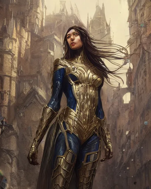 Image similar to a beautiful spiderwoman wearing a magical armor posing in a magical town, hyper realistic face, fantasy art, in the style of greg rutkowski, illustration, epic, fantasy, intricate, hyper detailed, artstation, concept art, smooth, sharp focus