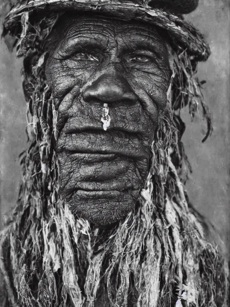 Image similar to a faded old black and white wet plate photo of an australain indigenous man,